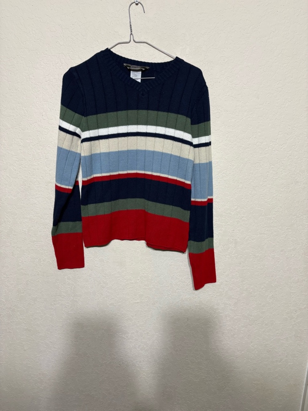 Rockies Striped V-Neck Sweater in Navy, Red, Olive & Light Blue